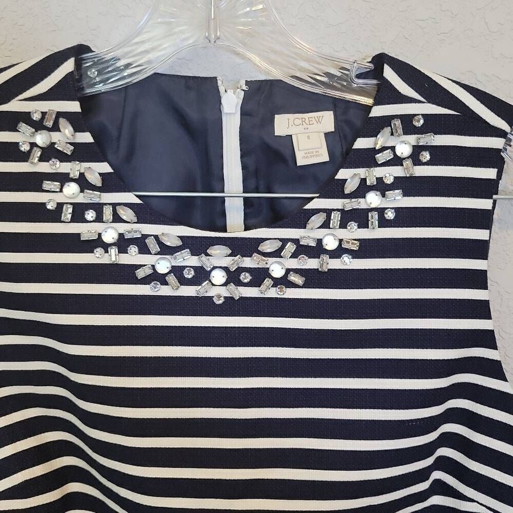 J. Crew Navy Blue White Striped Embellished Sheath Casual Dress Size 8 - Picture 2 of 9